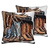 (Cowboy Black Hat Western Boots) Printed Square Linen...