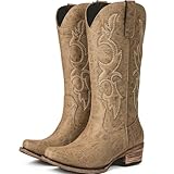 Choiran Tan Cowboy Boots for Women - Embroidered...