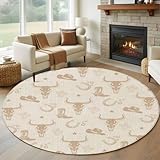 Round Area Rug 5 Ft, Beige Cow Skull Washable Non-Slip...