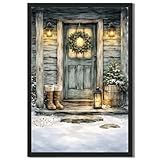 Framed winter cabin porch scene with wreath and boots...