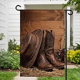 Cowboy Boots Hats Garden Flags For Outdoor, Red Rose...